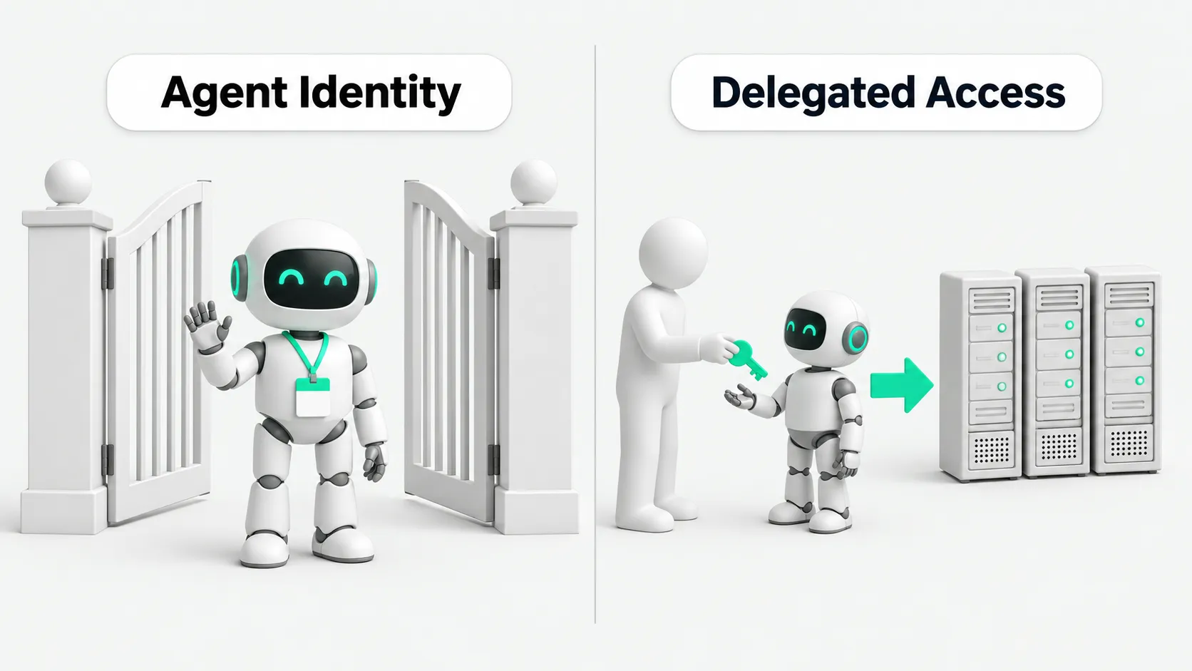 Left: an agent wearing an ID badge stands in front of an open gate. Right: an employee hands a key to an agent, which then goes on to access servers.