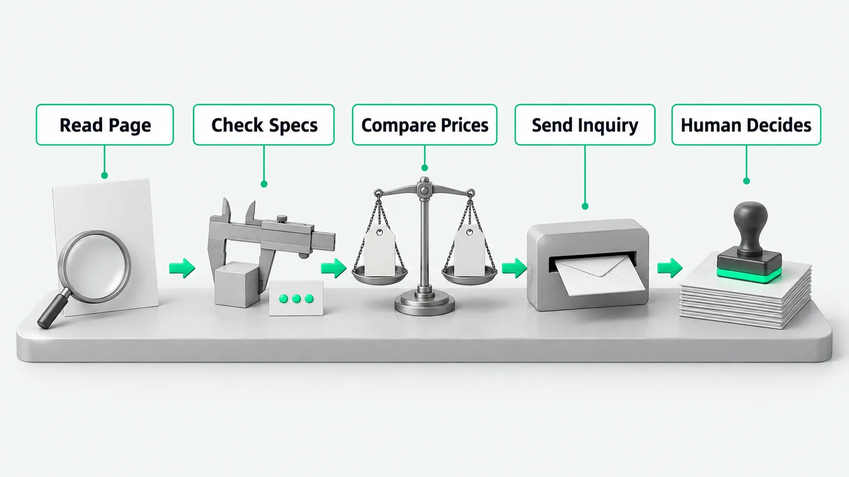 Five stations on one tabletop, left to right, joined by green arrows: a magnifying glass in front of a sheet of paper, a caliper measuring a cube next to a checklist card with green dots, a balance scale holding two blank tags, an envelope going into a mail slot, and a rubber stamp with a glowing green base on a stack of documents