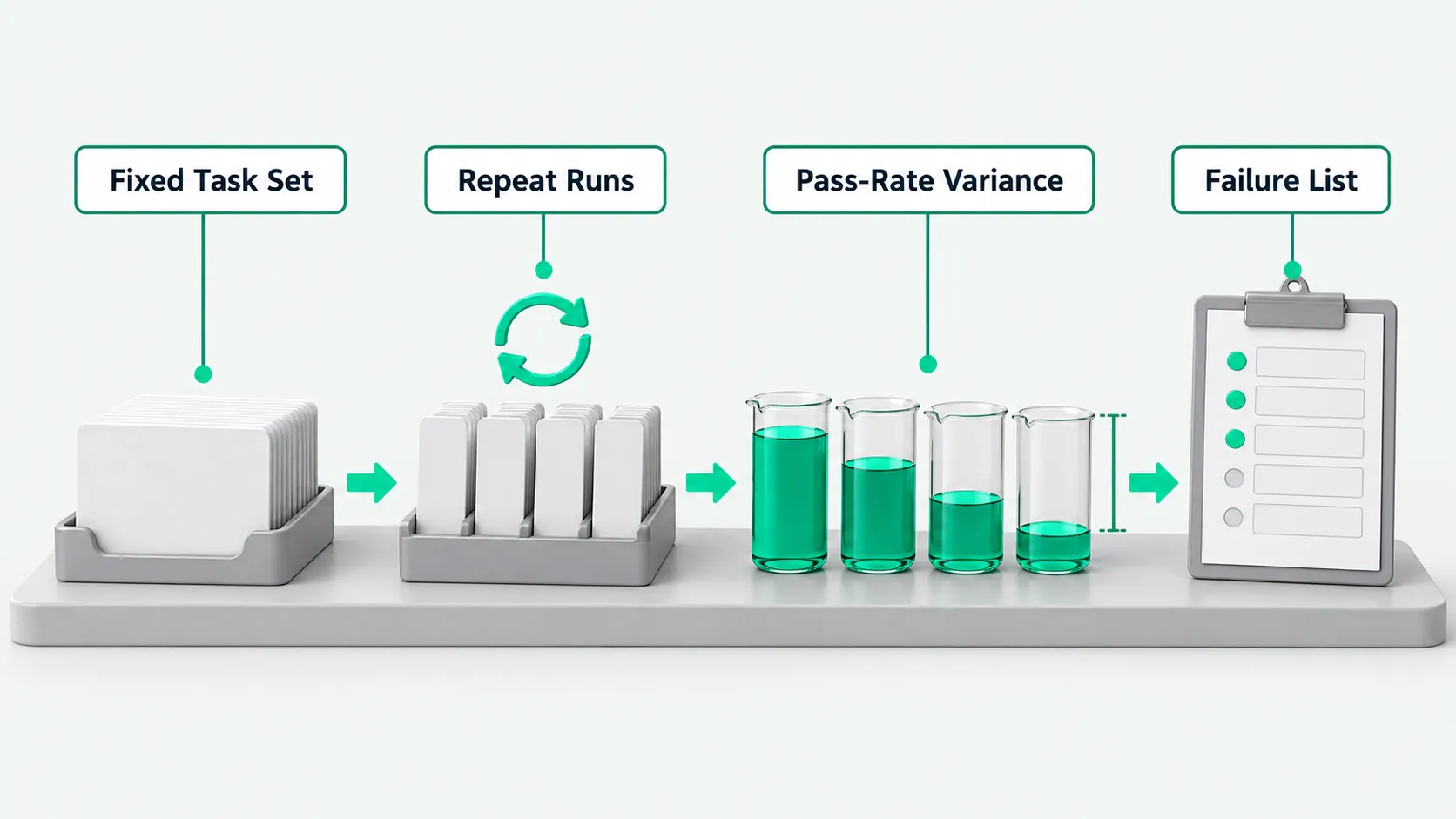 Four stations on a tabletop, left to right, linked by green arrows: a stack of fixed task cards, the same card copied into a row of trays, four beakers with uneven liquid levels and a bracket marking the gap, and a clipboard checklist with some rows marked by green dots