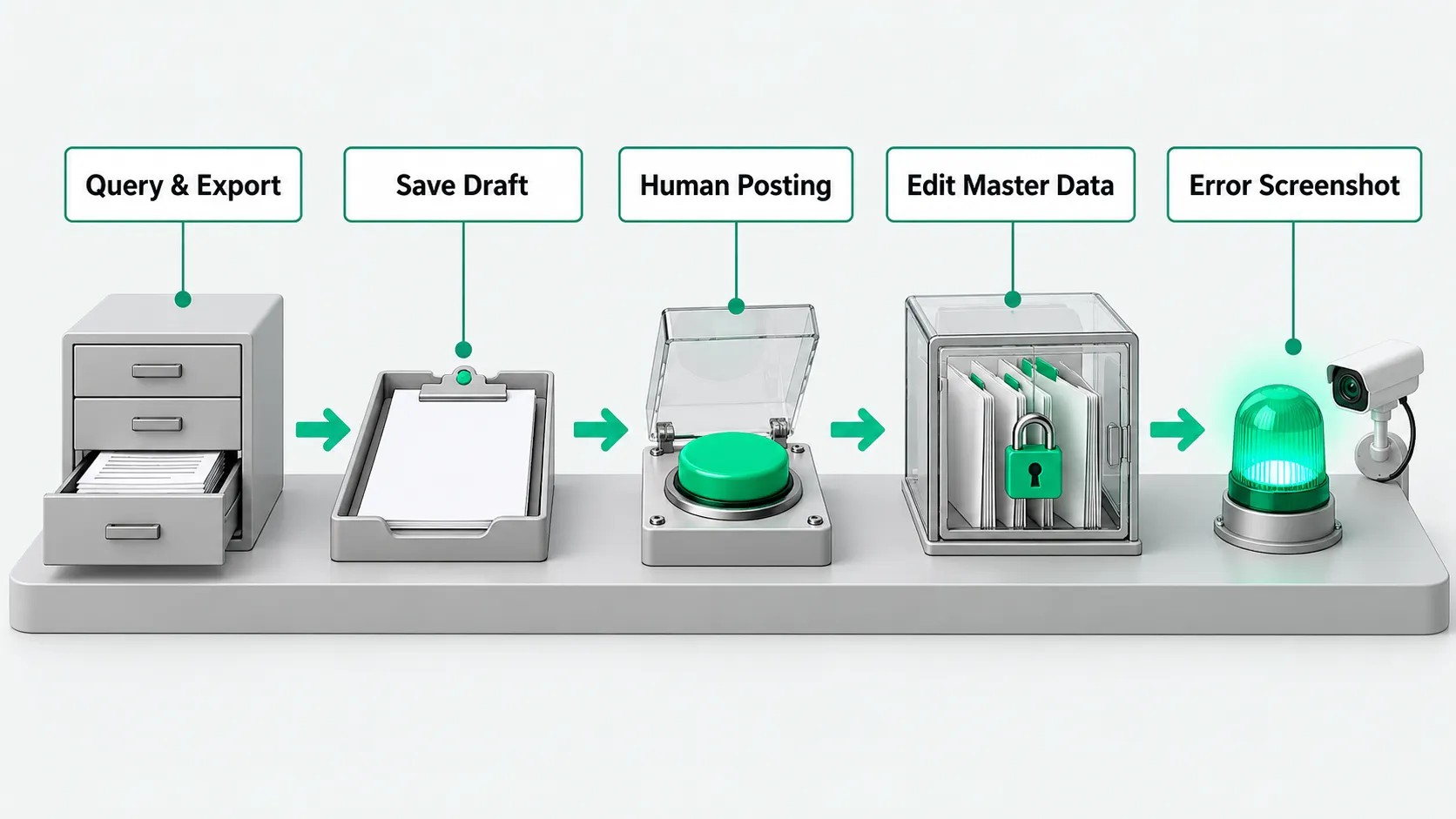 Five stations on one tabletop, joined left to right by green arrows: a drawer sliding out a stack of reports, a blank form on a clipboard in a draft tray, a large green button under a clear flip-up cover, a glass filing box with a green padlock, and a lit green alarm beacon beside a small camera