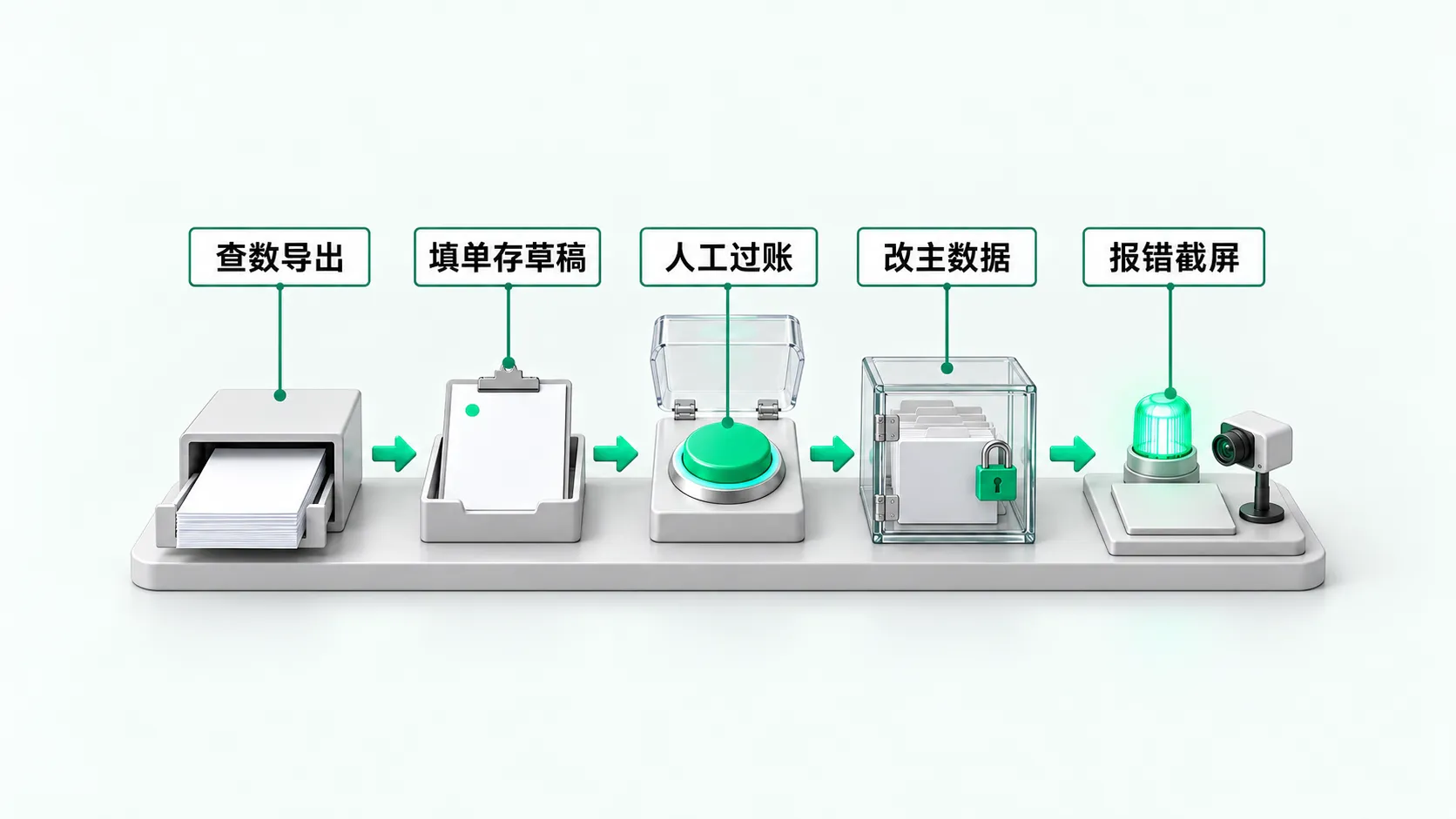 一块台面上从左到右五站，用绿色箭头相连：抽屉里滑出一叠报表、草稿托盘里的空白表单夹板、透明翻盖下的绿色大按钮、上了绿色挂锁的玻璃档案箱、亮绿灯的报警灯和一台小摄像头