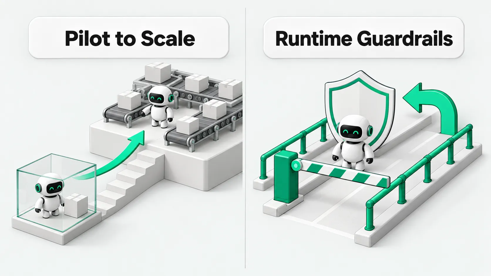 Left: the environment shift when an agent pilot scales to production. Right: runtime guardrails checking actions between the agent's intent and the system write