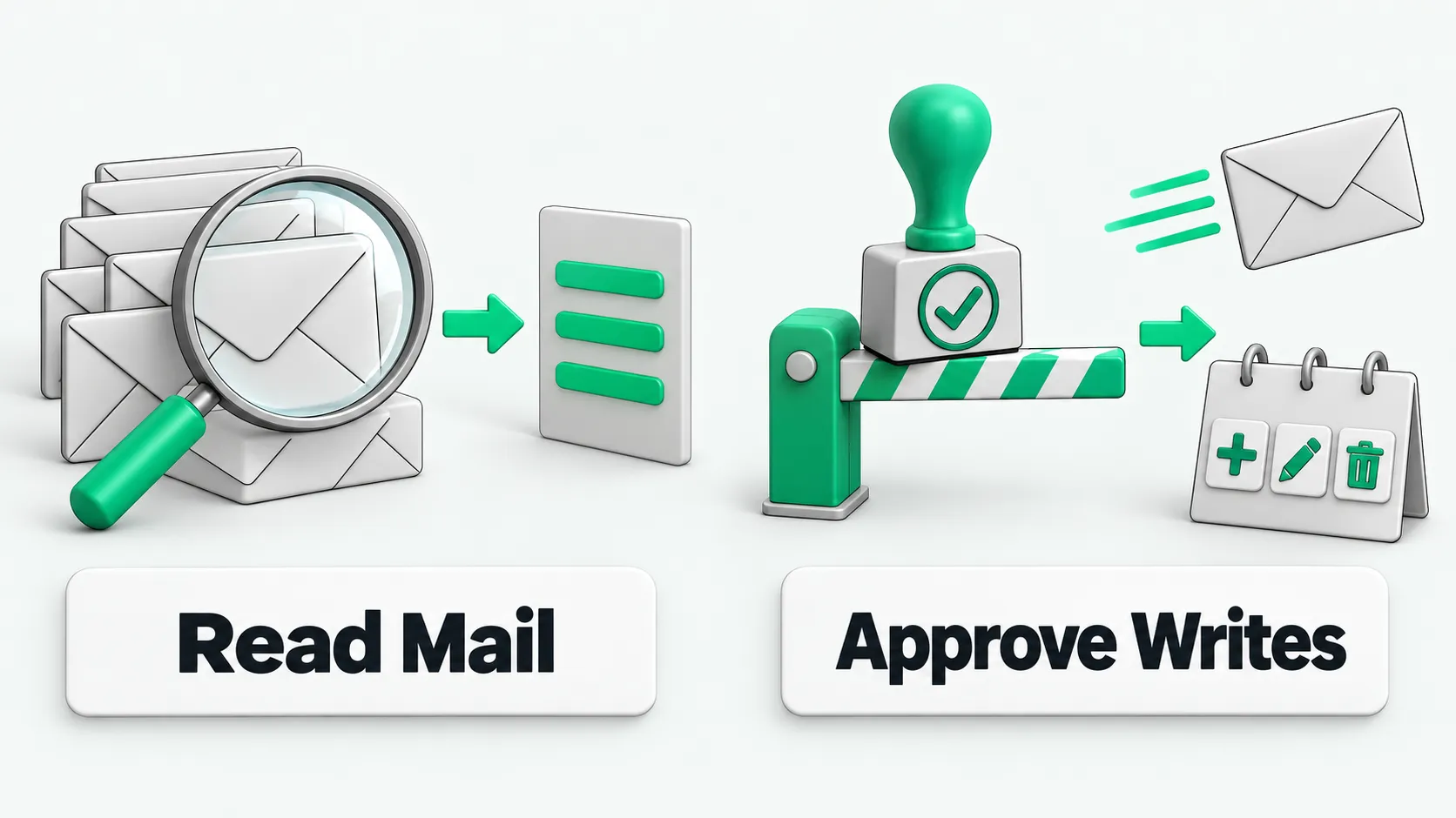 Left: envelopes under a magnifying glass feed a summary card, labeled Read Mail. Right: an approval stamp on a boom gate stands before sending mail and adding, editing, or deleting calendar events, labeled Approve Writes