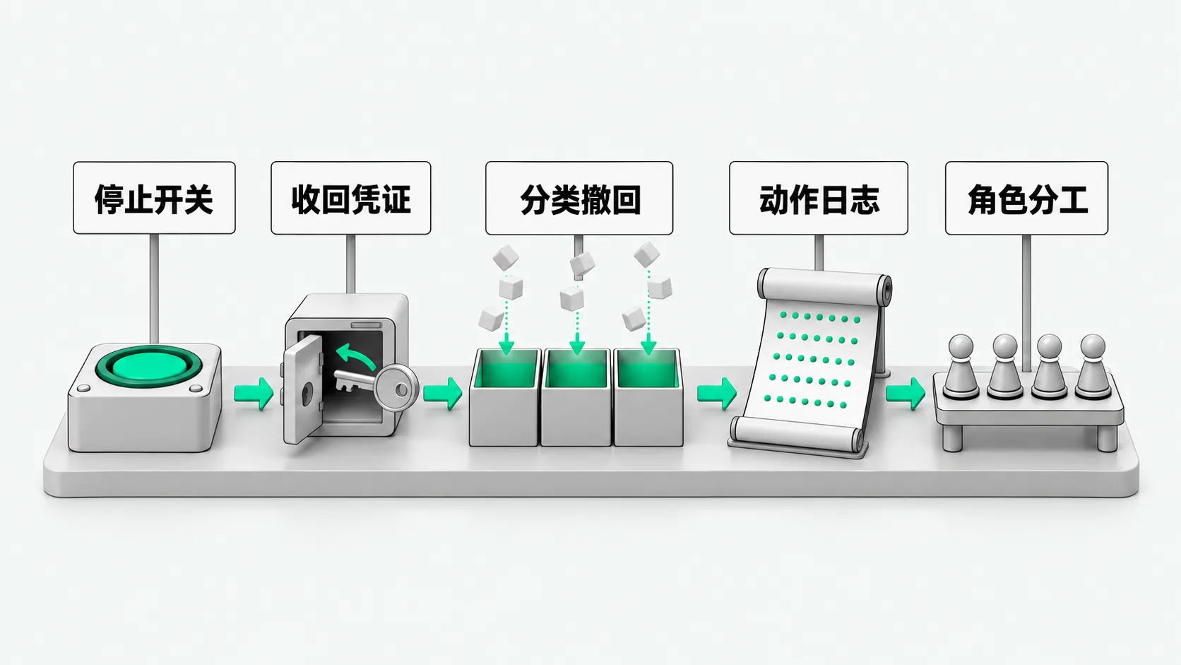 一块台面上从左到右五站，用绿色箭头相连：按下的停止按钮、收回保险箱的钥匙、三只分类箱、点阵动作日志、四枚角色棋子