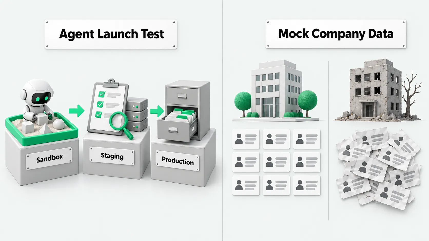Left: a three-step launch test from sandbox to staging to production. Right: a mock company with tidy, consistent records next to a run-down building with a messy pile of real-world records