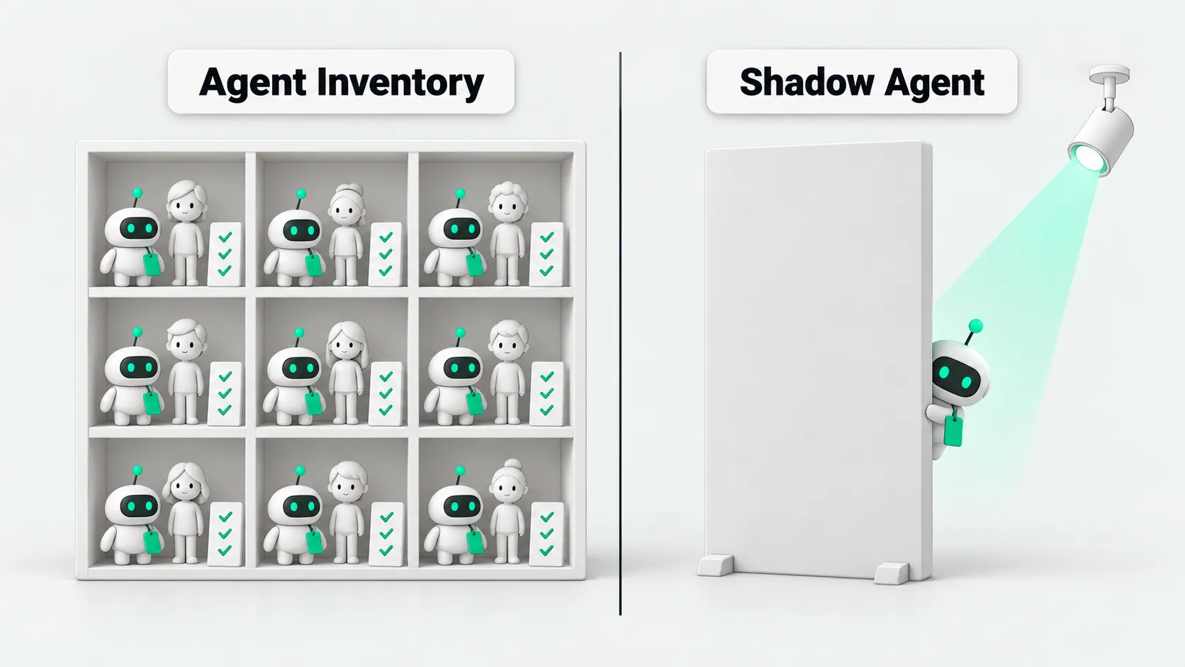 Left: a cubby cabinet where every agent wears a tag and sits next to its owner and a checklist. Right: an agent hiding behind a wall, exposed by a green spotlight