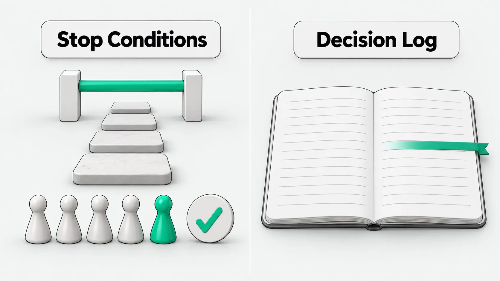 Left: a path of stepping stones ends at a jade green barrier bar, with a row of five limit pawns where one has turned green and a check-mark disc beside them. Right: an open log book with one line marked by a green bookmark.