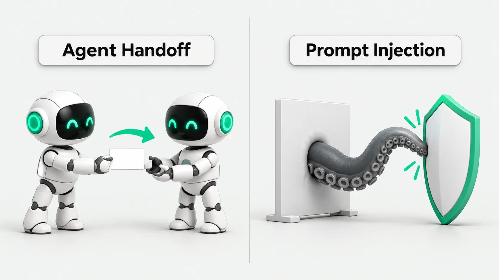 Left: one robot hands a card to another robot, showing a task handoff between agents. Right: a dark tentacle reaches out of a white board and is blocked by a jade green shield, showing a prompt injection being stopped