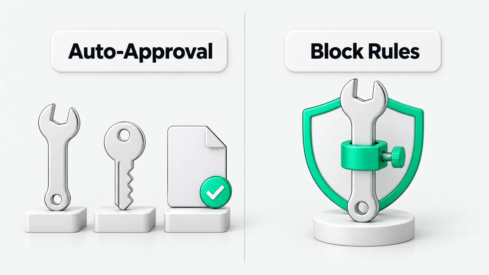 On the left, a wrench, a key, and a document stand on pedestals, with a green check mark on the document. On the right, a wrench is held by a green clamp in front of a green-rimmed shield.