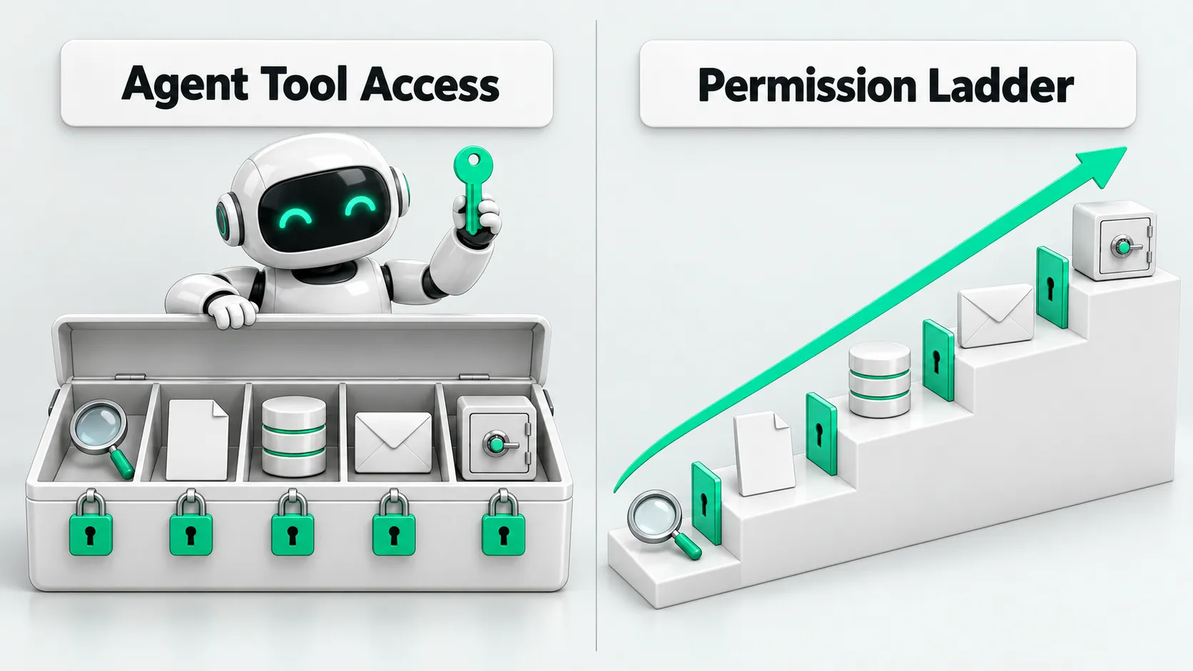 Left: a robot guards a toolbox of locked tool compartments, representing agent tool access. Right: a staircase with green locked panels between steps, rising from a magnifying glass to a safe, representing the permission ladder