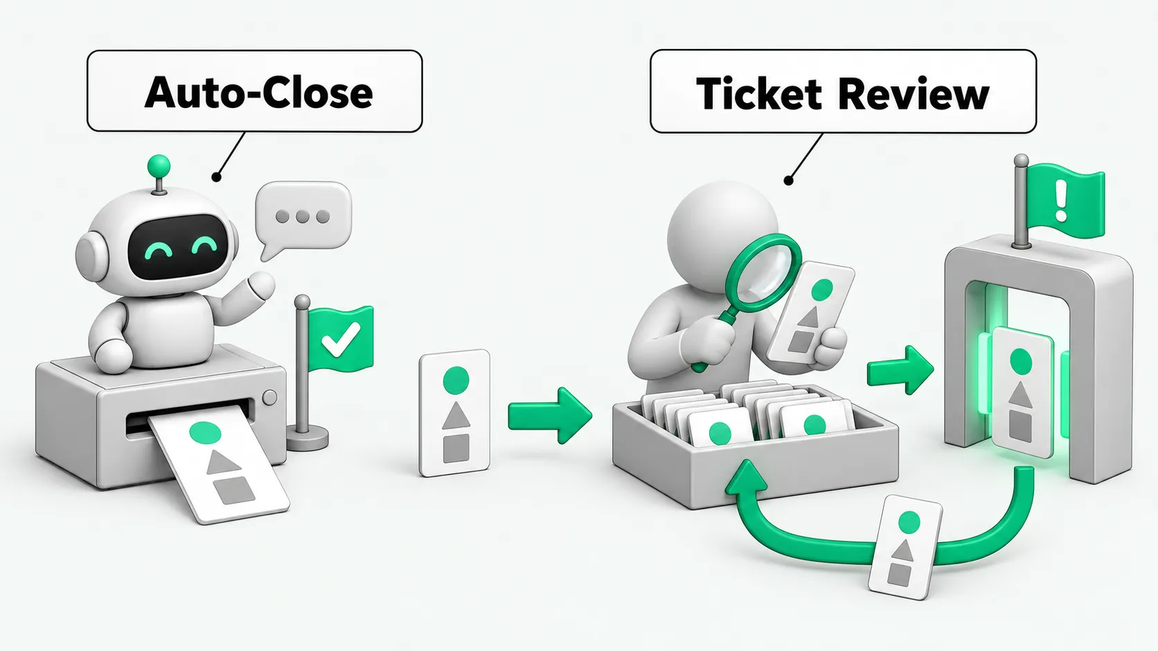 Auto-close vs. human ticket review: on the left, a bot marks the conversation resolved; on the right, a reviewer samples tickets and sends some back for mandatory human review