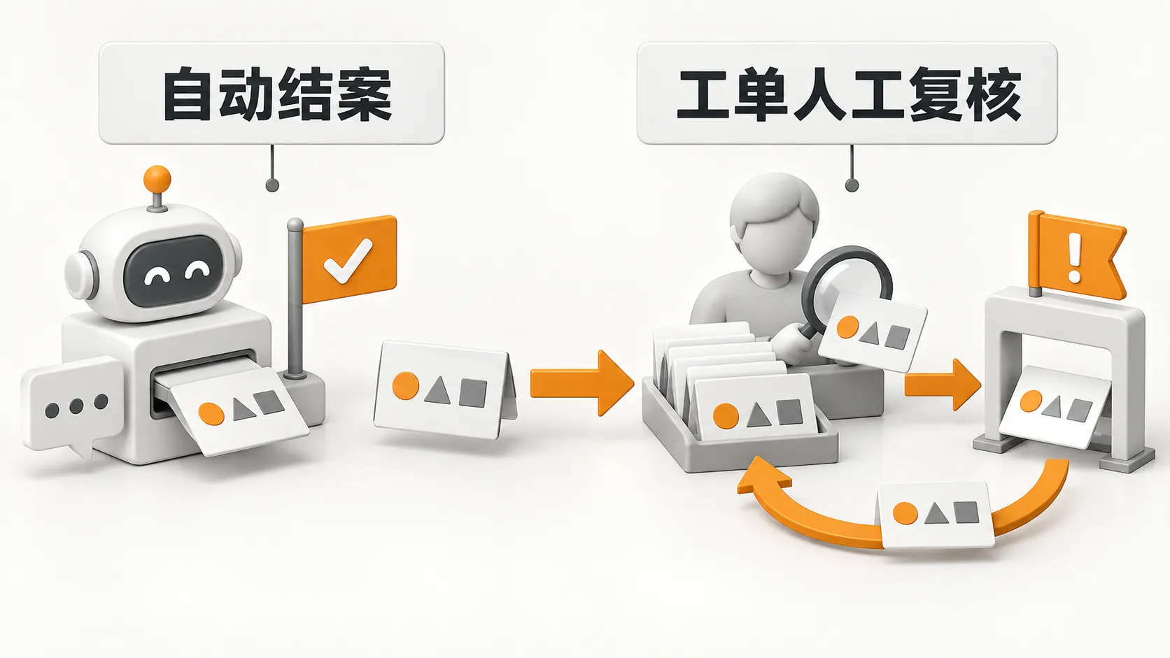 自动结案与工单人工复核:左侧会话状态已解决,右侧工单抽样质检与强制人审