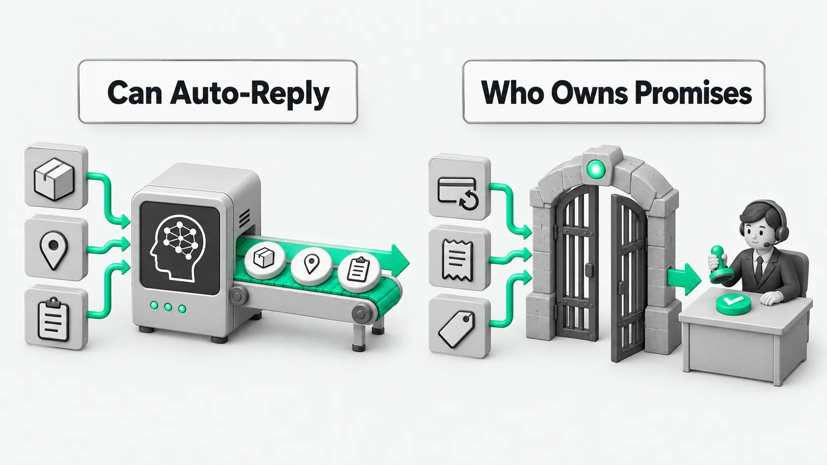 Auto-reply versus who owns key commitments: on the left, standard questions flow through automatic answers; on the right, refunds, compensation, and price changes pass a gate where a human confirms