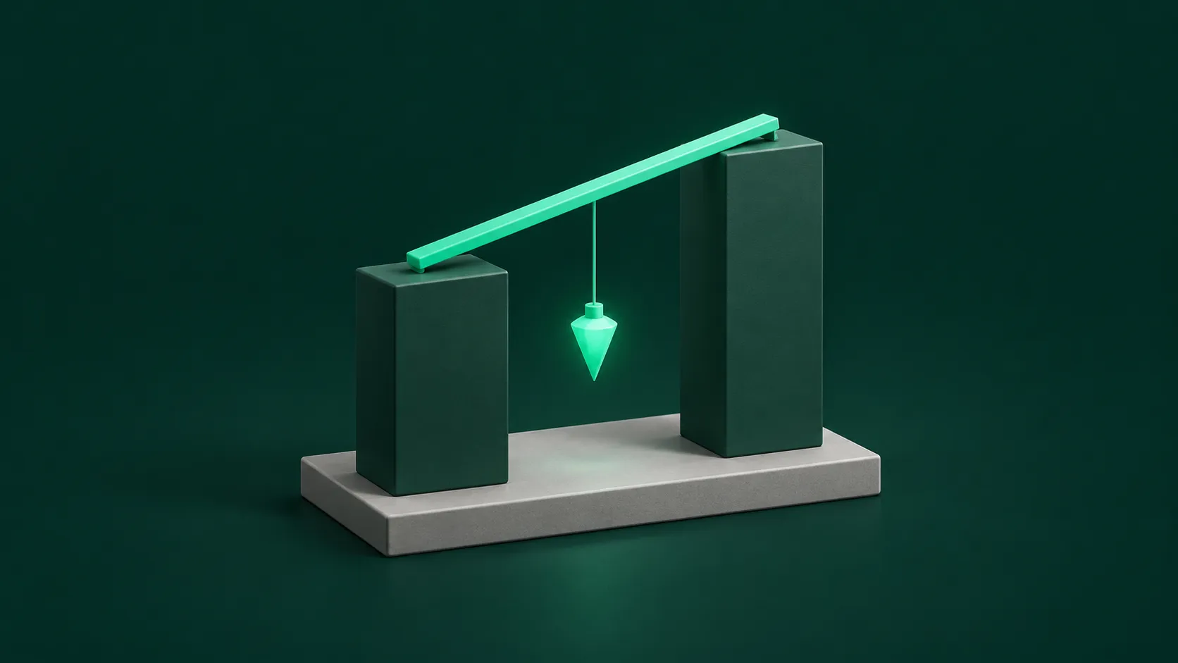On a dark green background, two pillars of different heights stand on a base, a green beam rests diagonally across their tops, and a glowing green plumb bob hangs from the middle