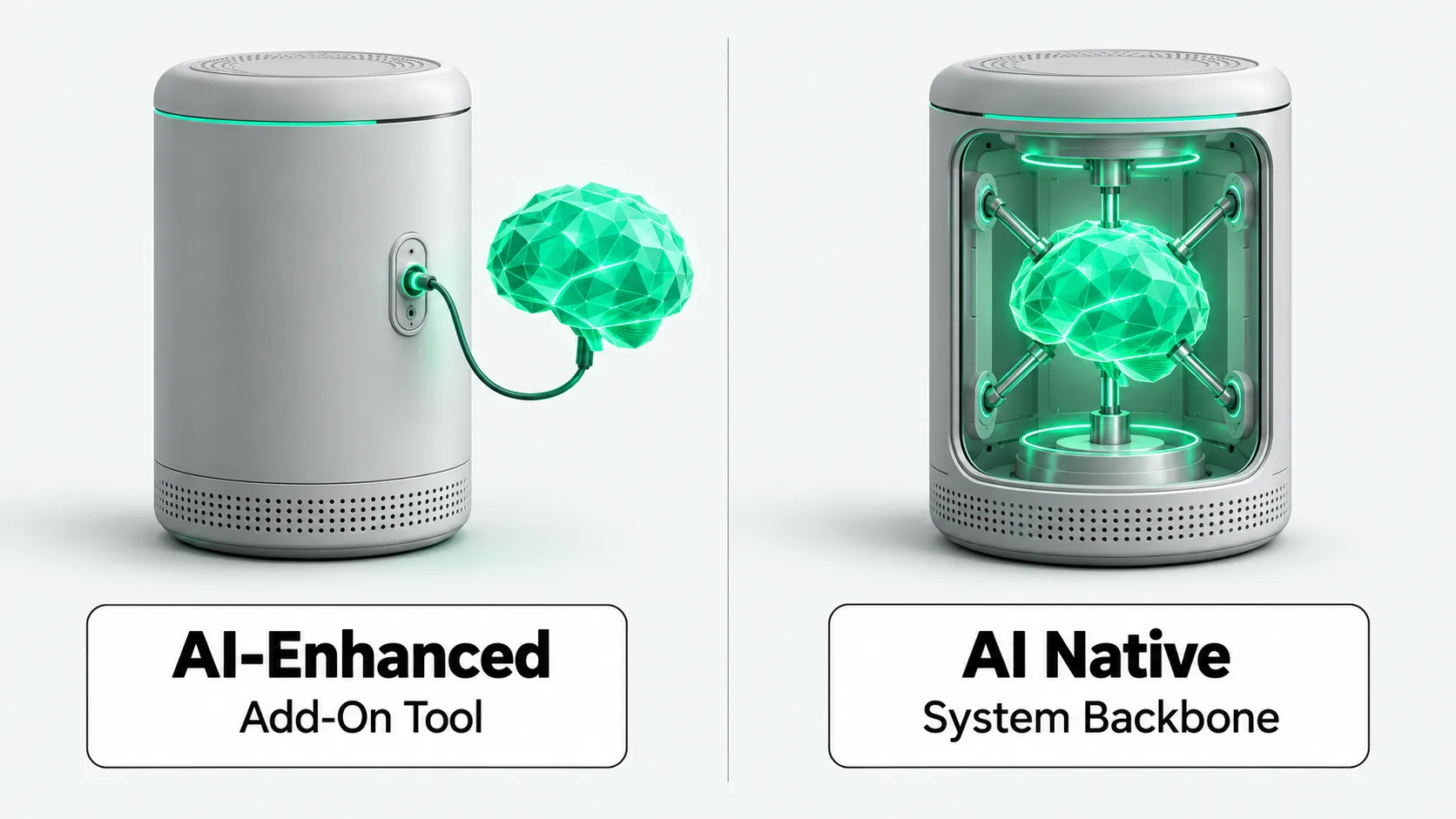 Two identical devices: on the left, a glowing brain hangs outside the device on a cable as an add-on; on the right, the brain is mounted inside the device frame as its backbone