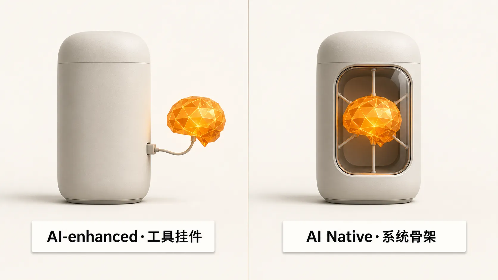 AI-enhanced 是挂在系统外部的工具模块，AI Native 是贯穿系统结构内部的骨架