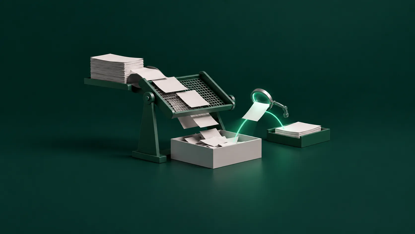 On a deep green background, a stack of blank pages slides across a tilted sieve; most fall into a gray bin, and a magnifying glass pulls one page back to a tray on the right with a green arc of light