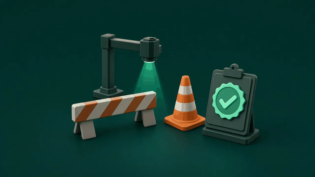 An overhead inspection camera casting a green beam, a striped safety barrier, a traffic cone, and a clipboard with a green check mark, on a dark green background