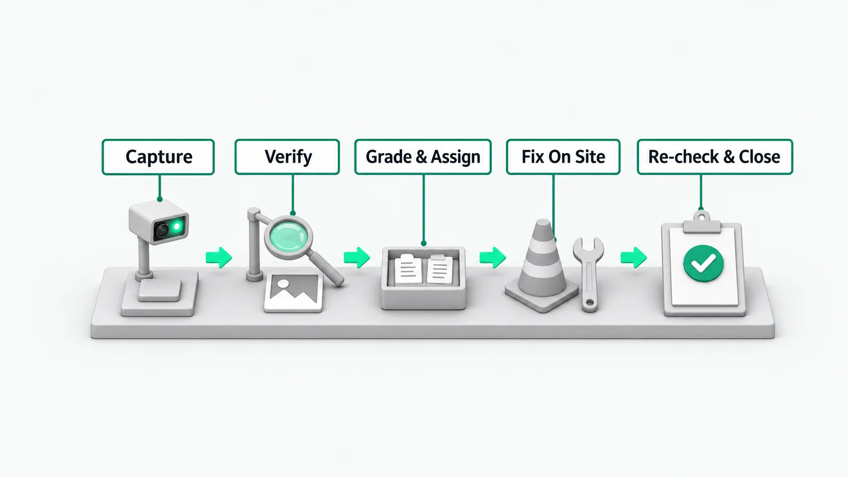 Five stations on one platform, left to right, joined by green arrows: a camera on a stand, a magnifying glass over a photo, a tray of work orders, a traffic cone with a wrench, and a clipboard with a green check mark