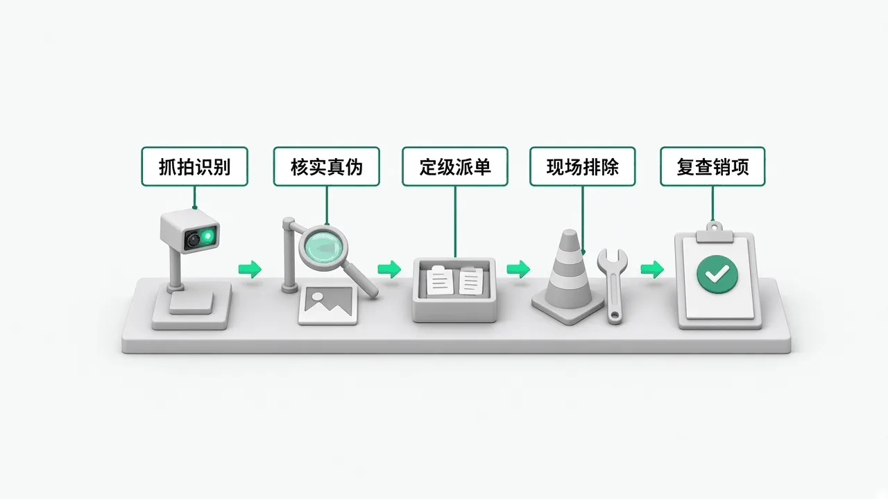 AI 安全巡检五步流程：抓拍识别、核实真伪、定级派单、现场排除、复查销项