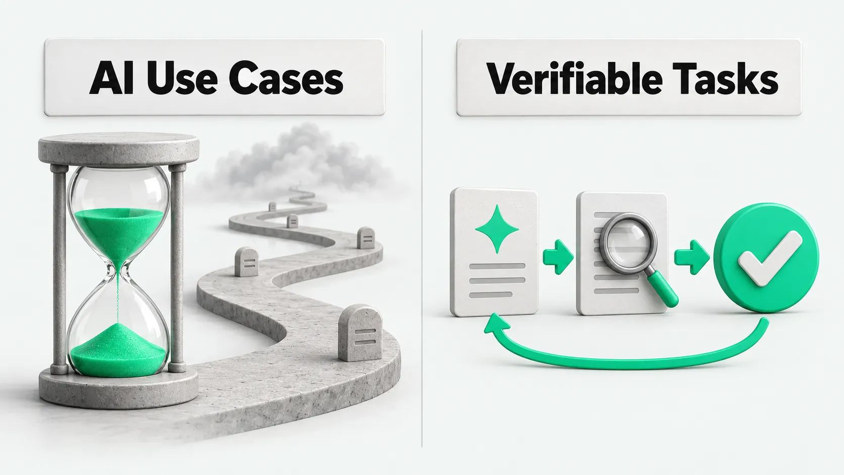 Left: AI use cases ranked by feedback loop length, shown as an hourglass beside a long road fading into fog. Right: a verifiable task loop from draft to check to approval