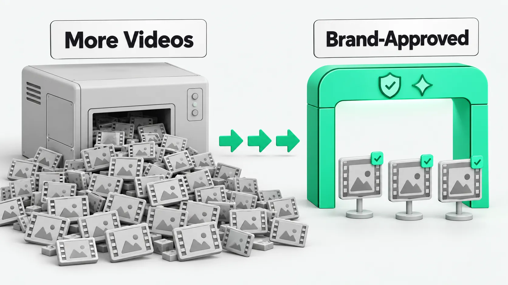 Producing more videos vs. passing brand review: output counts generated videos, approved count counts videos that pass review; visible labels and embedded metadata together make up the labeling requirement