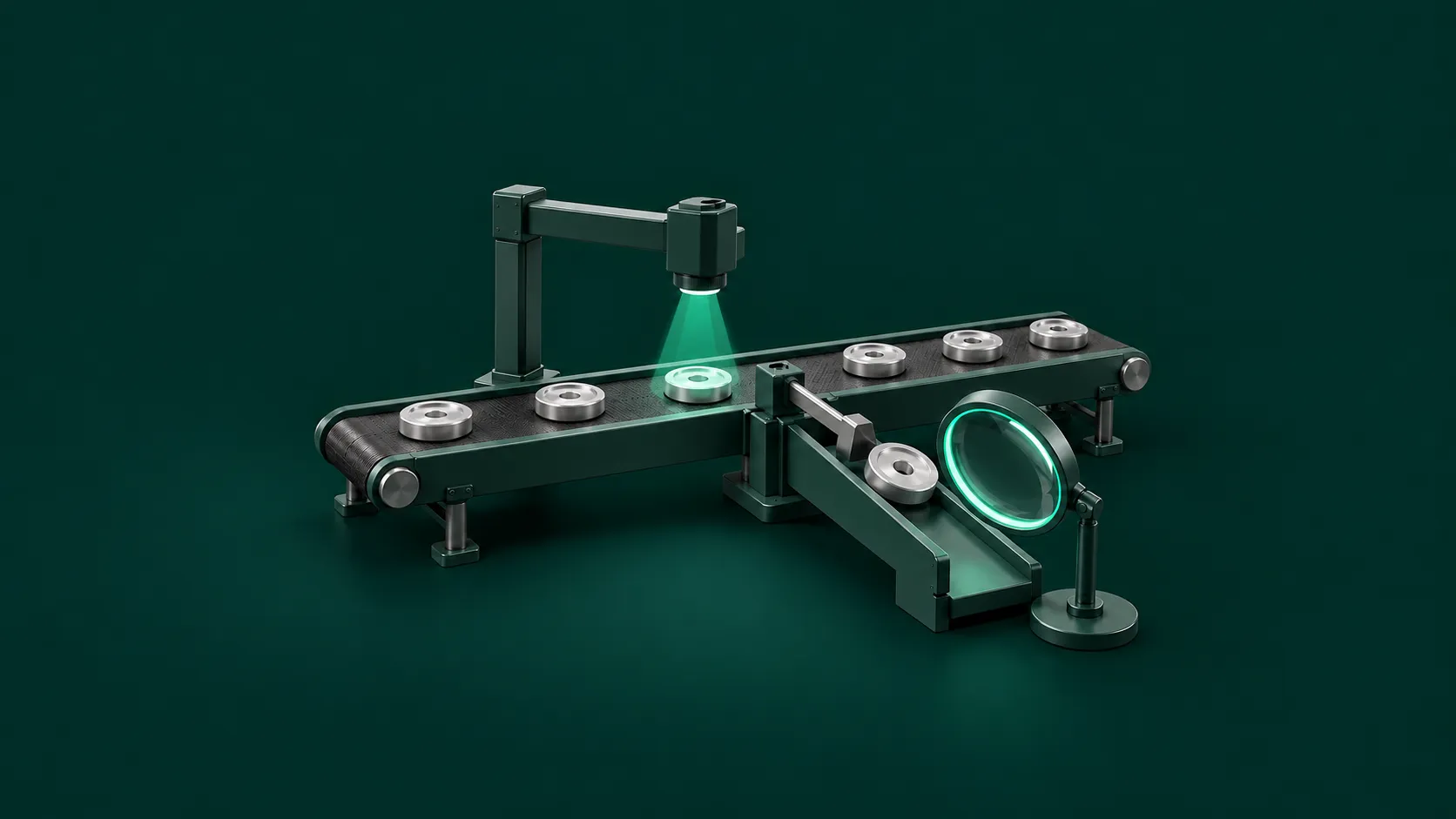 A camera on a dark green gantry casts a green beam onto metal discs on a conveyor; one disc is pushed into a side chute, next to a green-rimmed magnifying glass