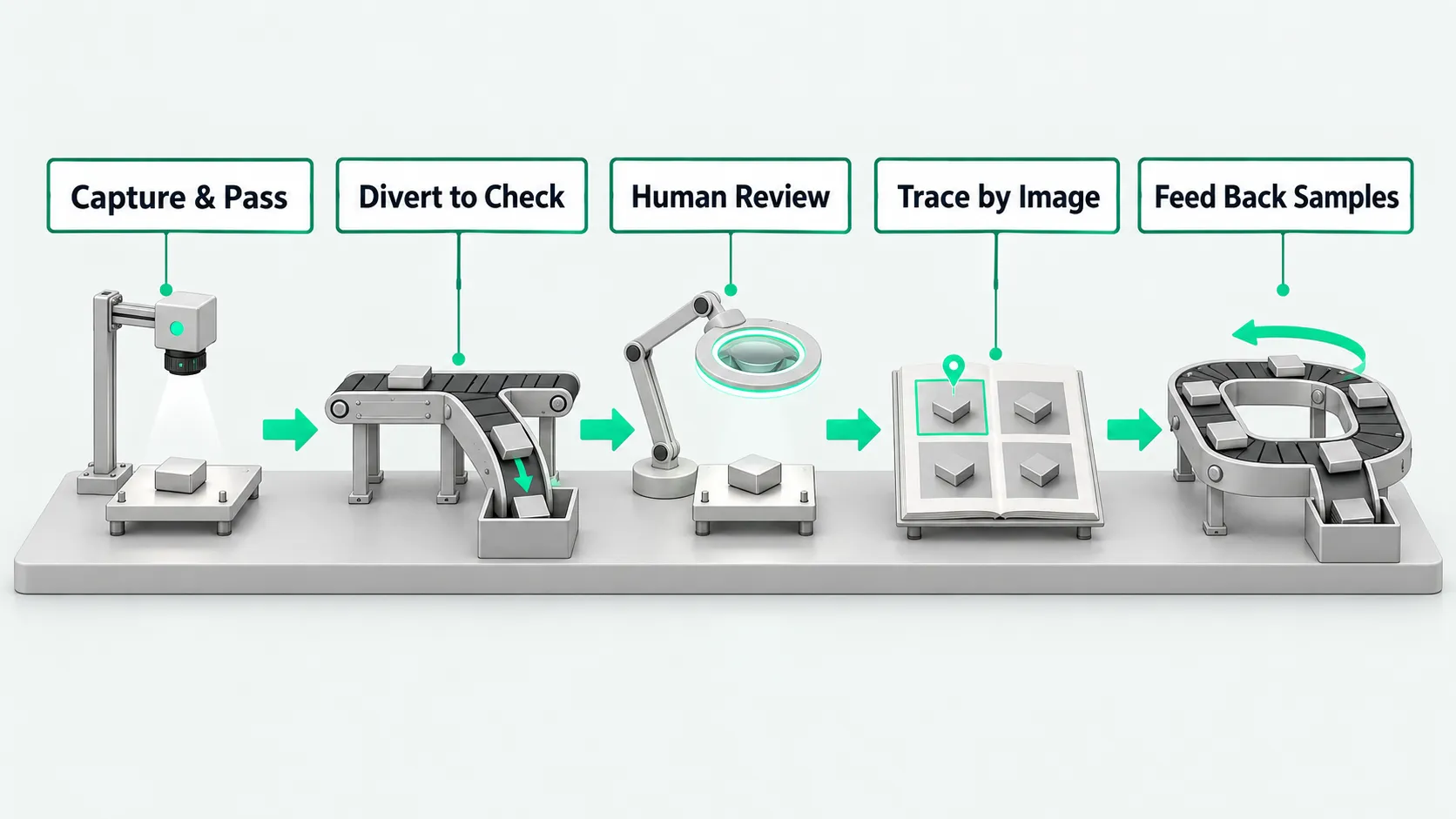 Five stations on one tabletop, left to right, linked by green arrows: a post-mounted camera aimed at a part, a forked track pushing a part into a side bin, a ring magnifier over a part, an open album with one image tile outlined in green, and a looped track sending images back into a small box