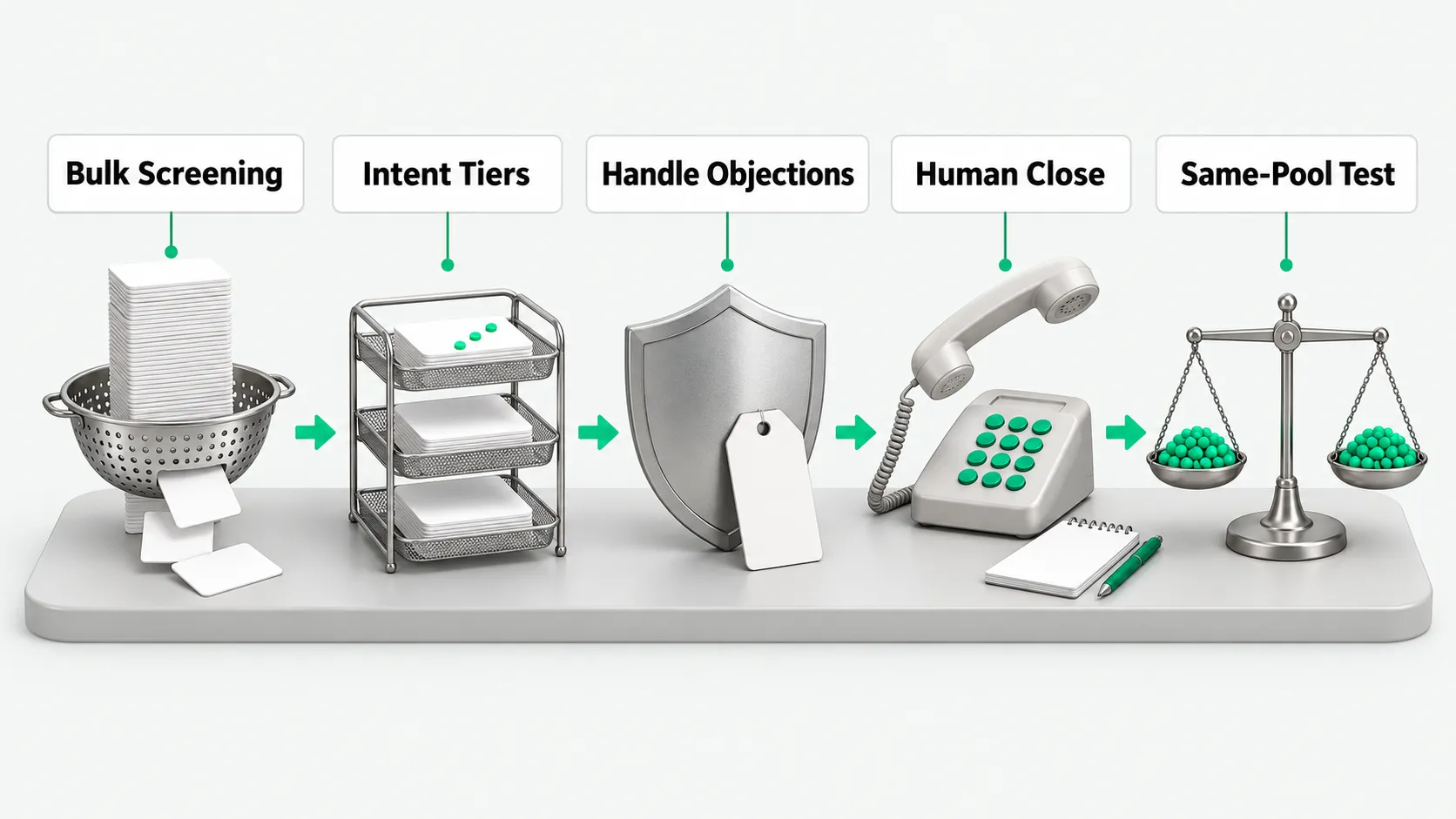 Five stations on one tabletop, left to right, joined by green arrows: a stack of cards passing through a sieve, a three-tier tray stand, a shield blocking a price tag, a lifted phone handset beside a notepad and pen, and a level balance scale with a cup of green beads on each side