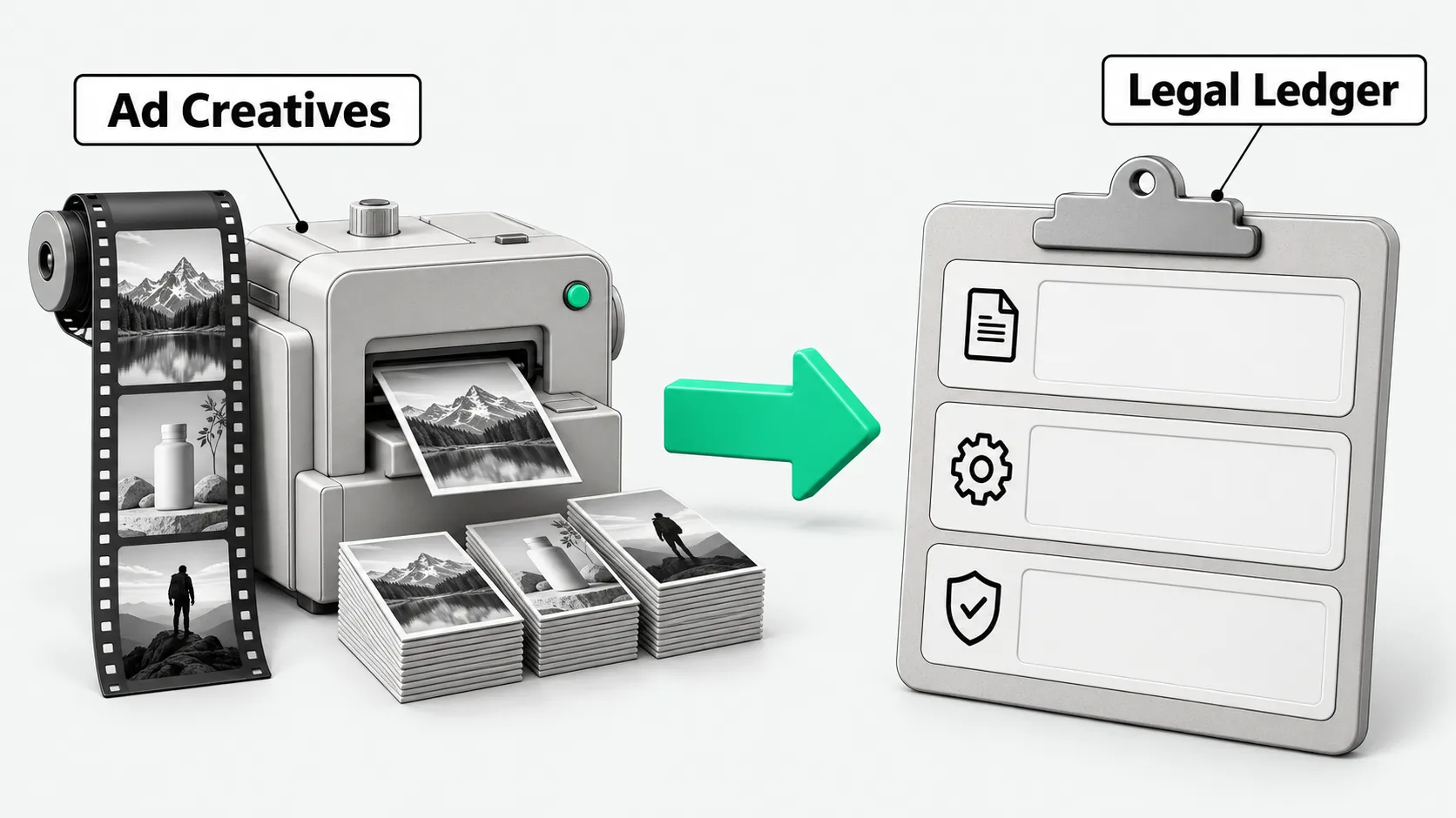 Ad creatives coming out of a production machine on the left, an arrow to a legal ledger on the right with source, generation process, and license rows