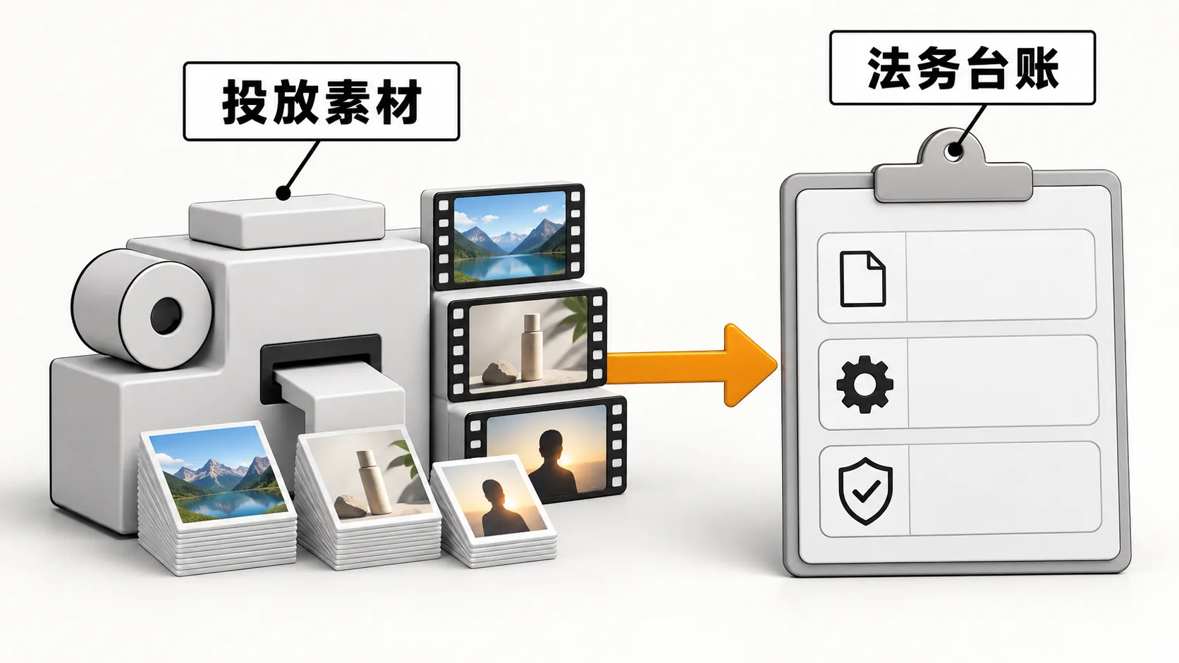 投放素材与法务台账:左侧成片产出,右侧来源生成过程授权台账字段