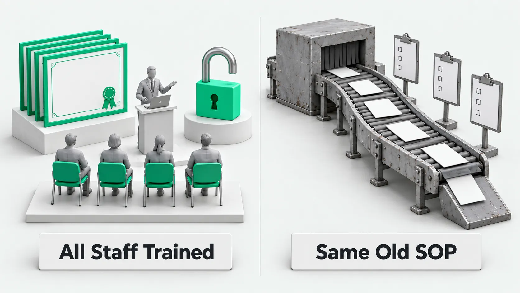 Left: all-staff training certificates and unlocked tools. Right: tickets, reviews, and releases still running on the old SOP conveyor