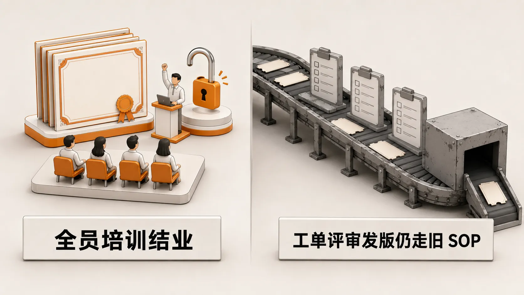 左侧全员培训结业证书与工具入口，右侧工单、评审、发版仍沿旧 SOP 轨道运行