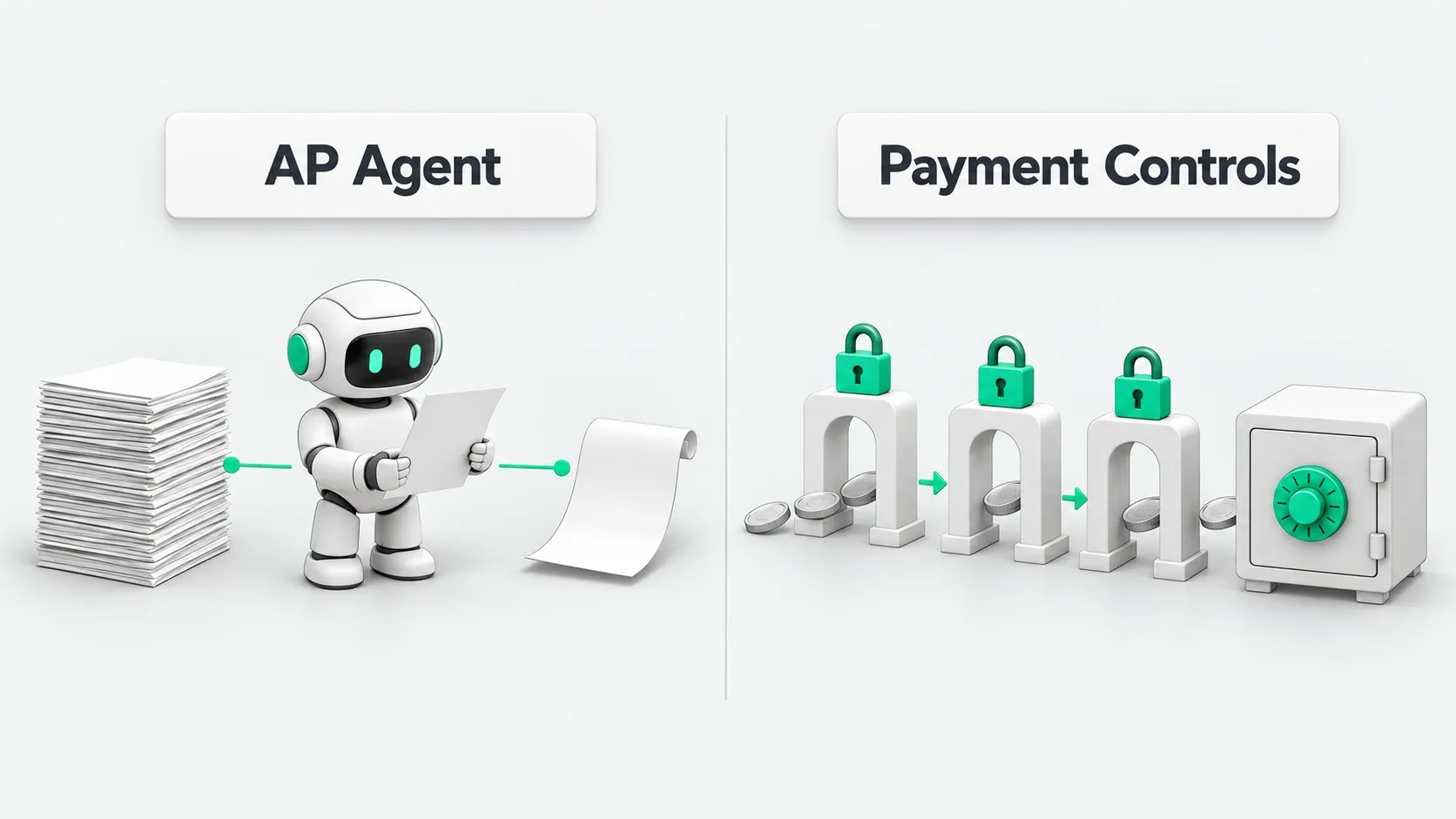 Left panel: an AP agent checks a stack of documents and moves them toward payment. Right panel: a payment passes three locked gates in sequence before reaching a vault