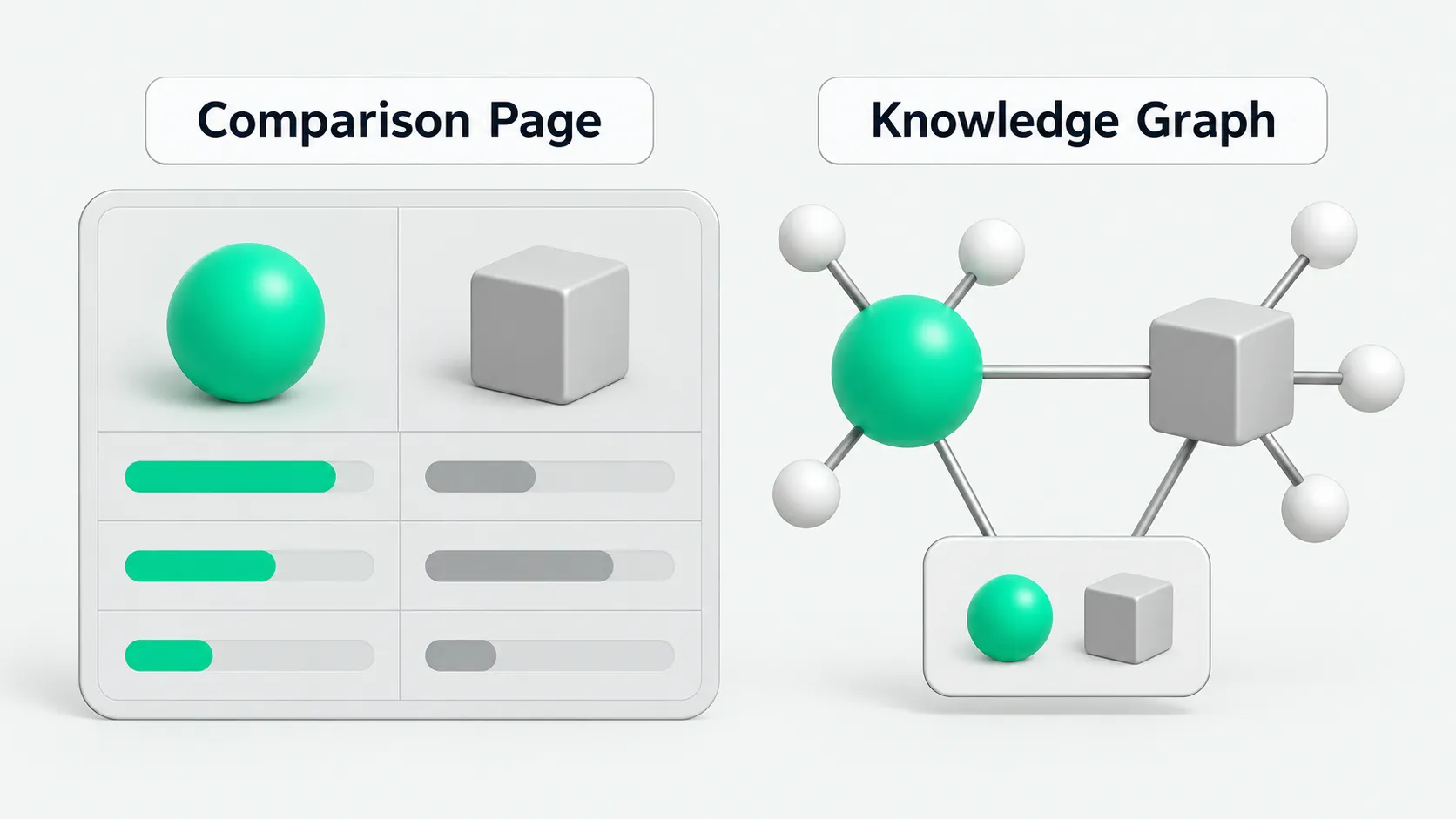 Comparison page and Knowledge Graph: on the left, an X vs Y table with fair trade-offs; on the right, product and company names kept as the same entity across the body and the table