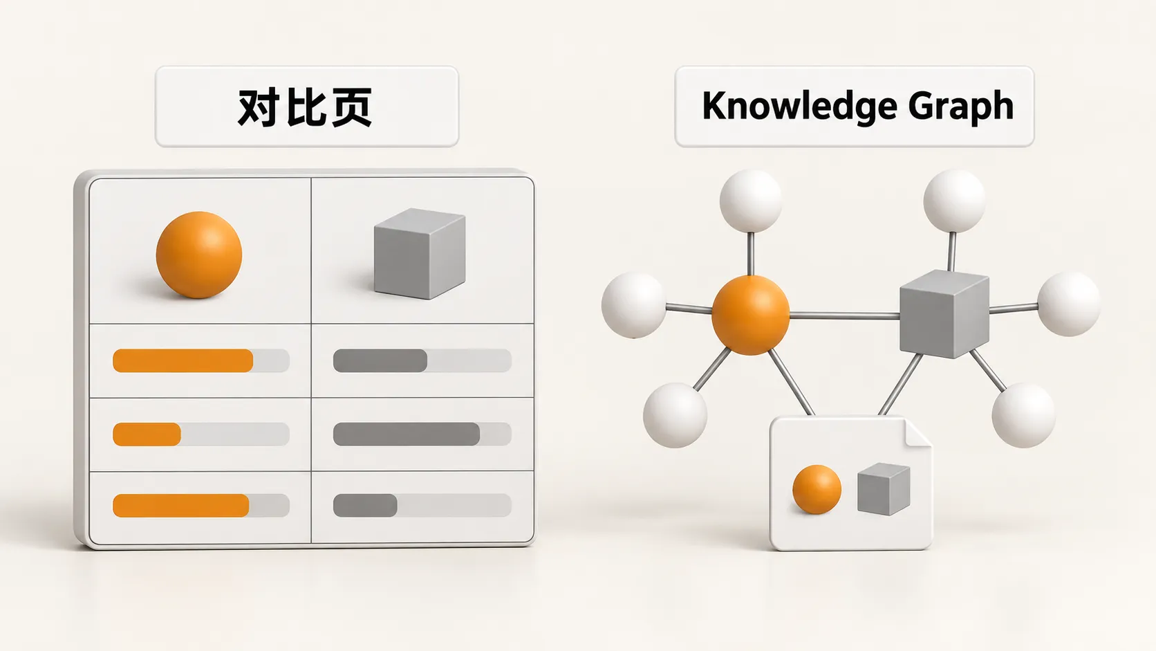 对比页与 Knowledge Graph:左侧 X vs Y 对照表与公平取舍,右侧产品与公司名在全文和表格里保持同一实体写法