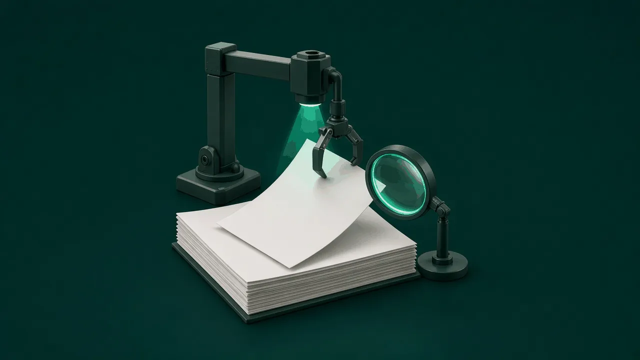A robotic arm with a green scanning light lifts a page from a stack of bid documents next to a magnifying glass with a glowing green rim, on a dark green background