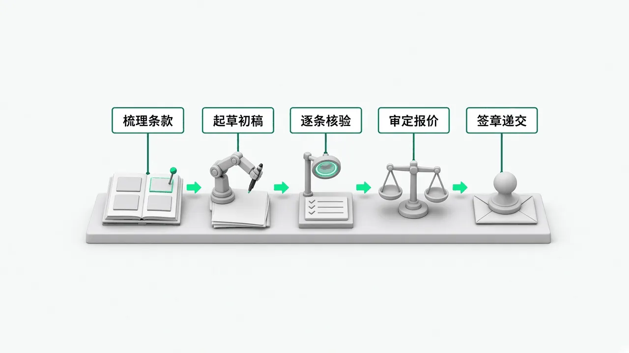 投标 Agent 五步流程：梳理条款、起草初稿、逐条核验、审定报价、签章递交