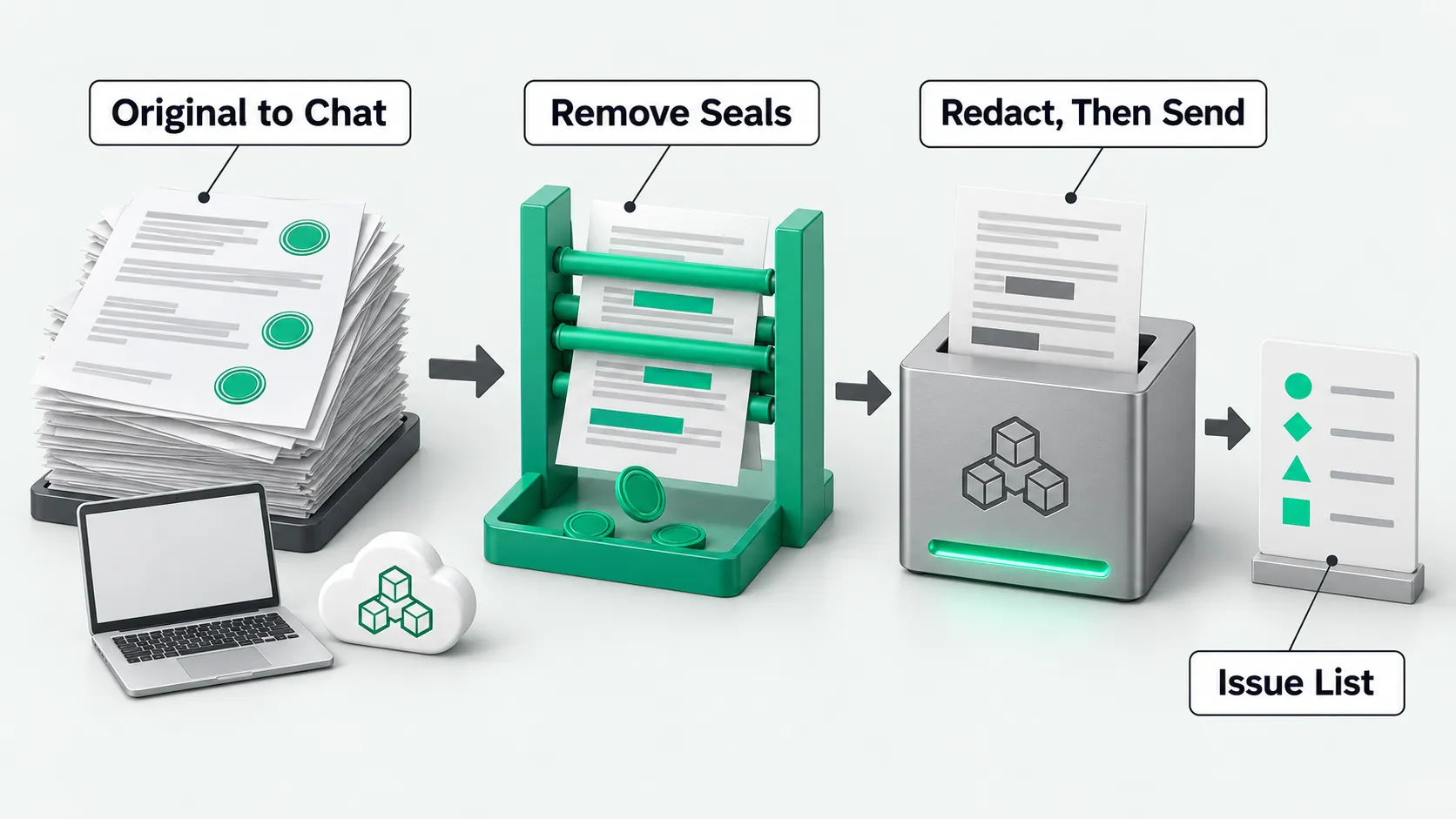 On the left, an original contract with seals goes to a consumer endpoint; on the right, a redacted document goes into a model channel that outputs an issue list