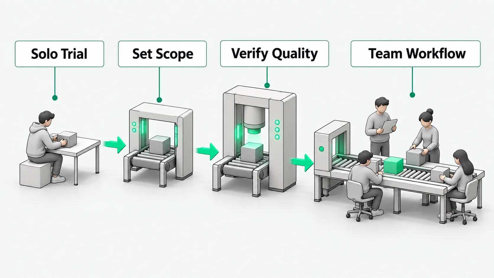 An English-labelled pipeline: one person trying an AI coding tool alone, passing through a scope gate and a quality inspection gate, and arriving at a shared team workbench