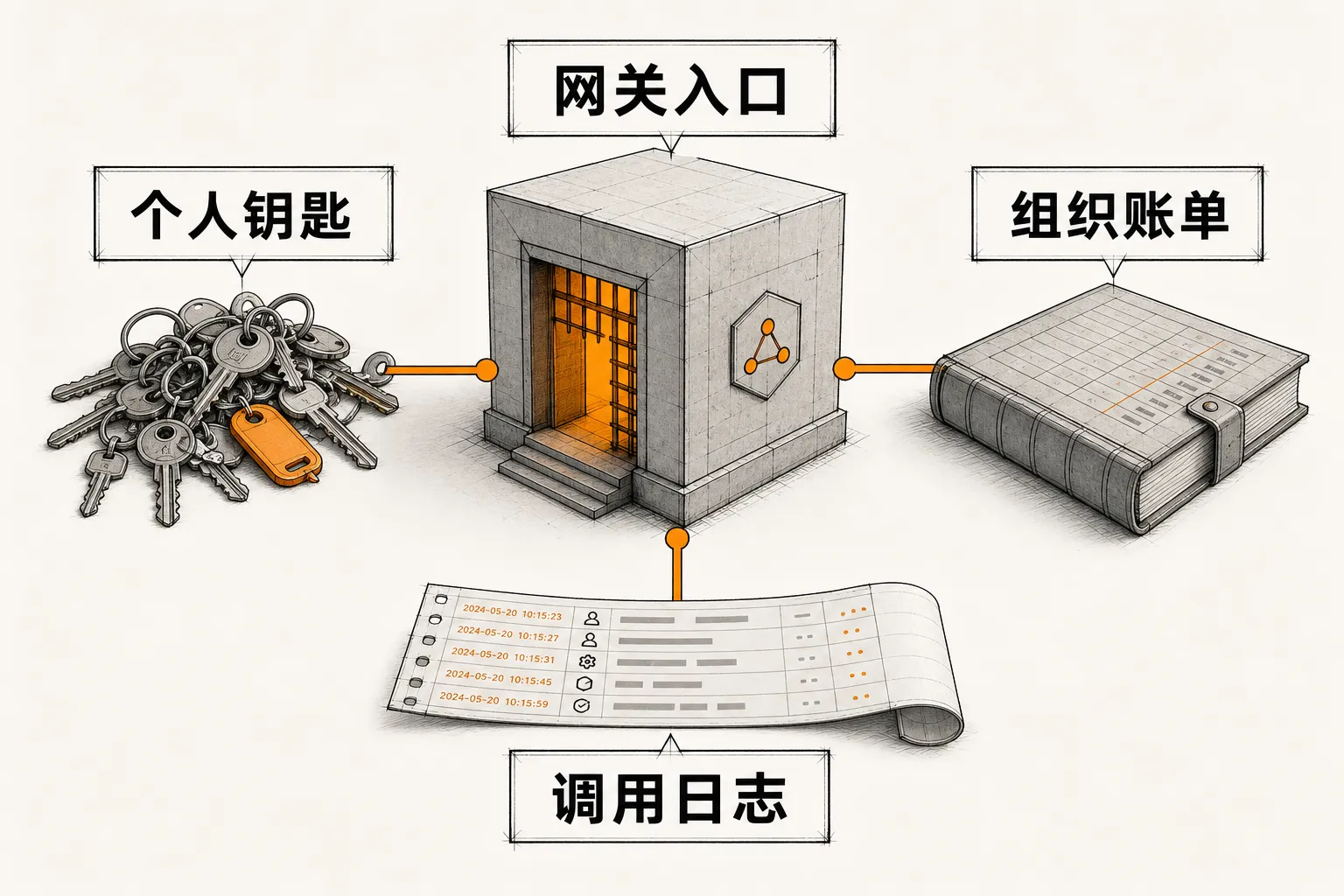 个人钥匙、组织账单、调用日志汇入网关入口的示意