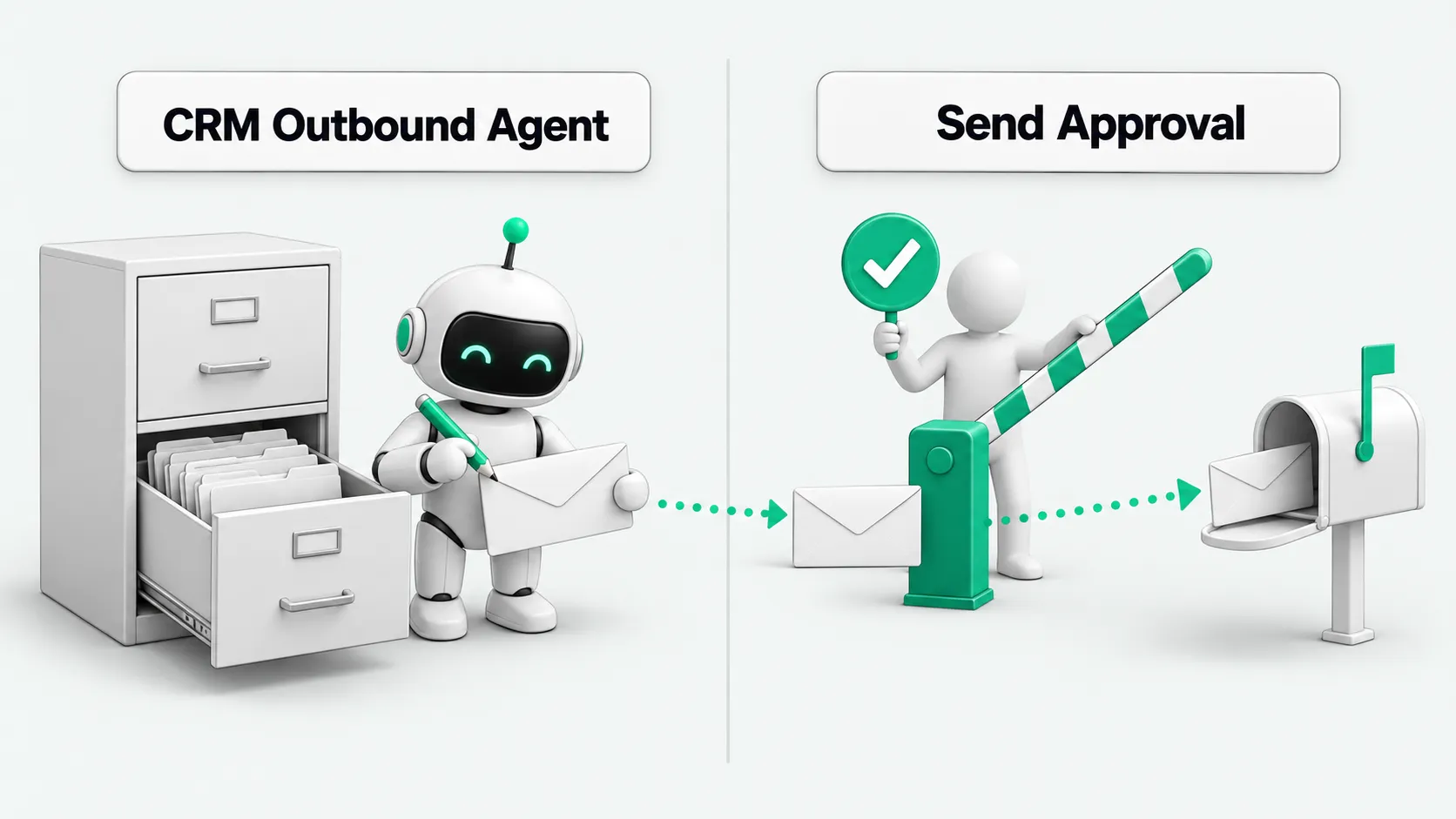On the left, a robot writes an email beside a filing cabinet, representing the CRM outbound agent. On the right, a person holds up a check-mark sign and lifts a barrier, and the envelope goes into a mailbox, representing send approval