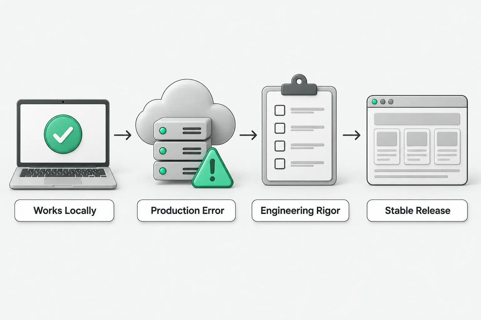 Deployment flow from a passing local build to a production error to a stable release