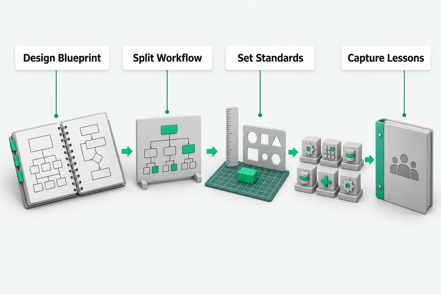 A left-to-right pipeline from a blueprint notebook to a tree diagram, a drafting set, module blocks, and a team handbook