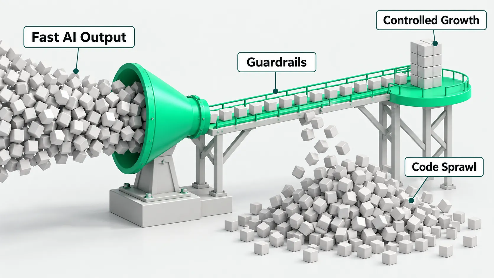 AI output passes through engineering guardrails toward controlled growth; without guardrails it piles up as code sprawl