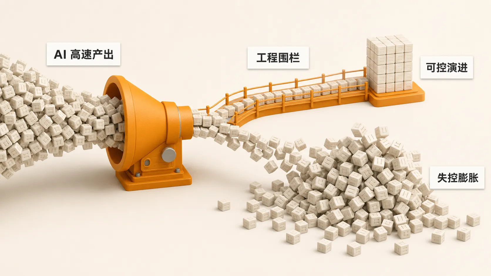 AI 高速产出经过工程围栏走向可控演进，无围栏则走向失控膨胀的对比示意