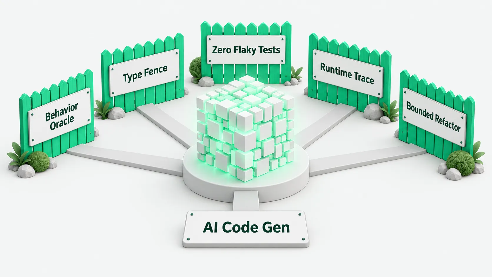 Five engineering guardrails, Behavior Oracle, Type Fence, Zero Flaky Tests, Runtime Trace, and Bounded Refactor, surround AI code generation
