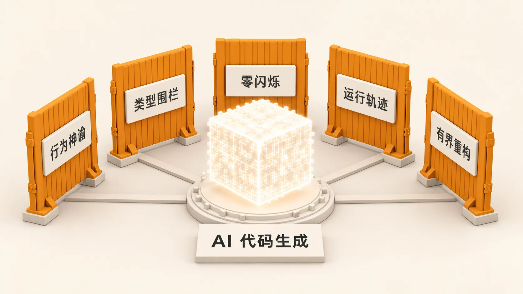 五道工程围栏——行为神谕、类型围栏、零闪烁、运行轨迹、有界重构——共同约束 AI 代码生成的示意