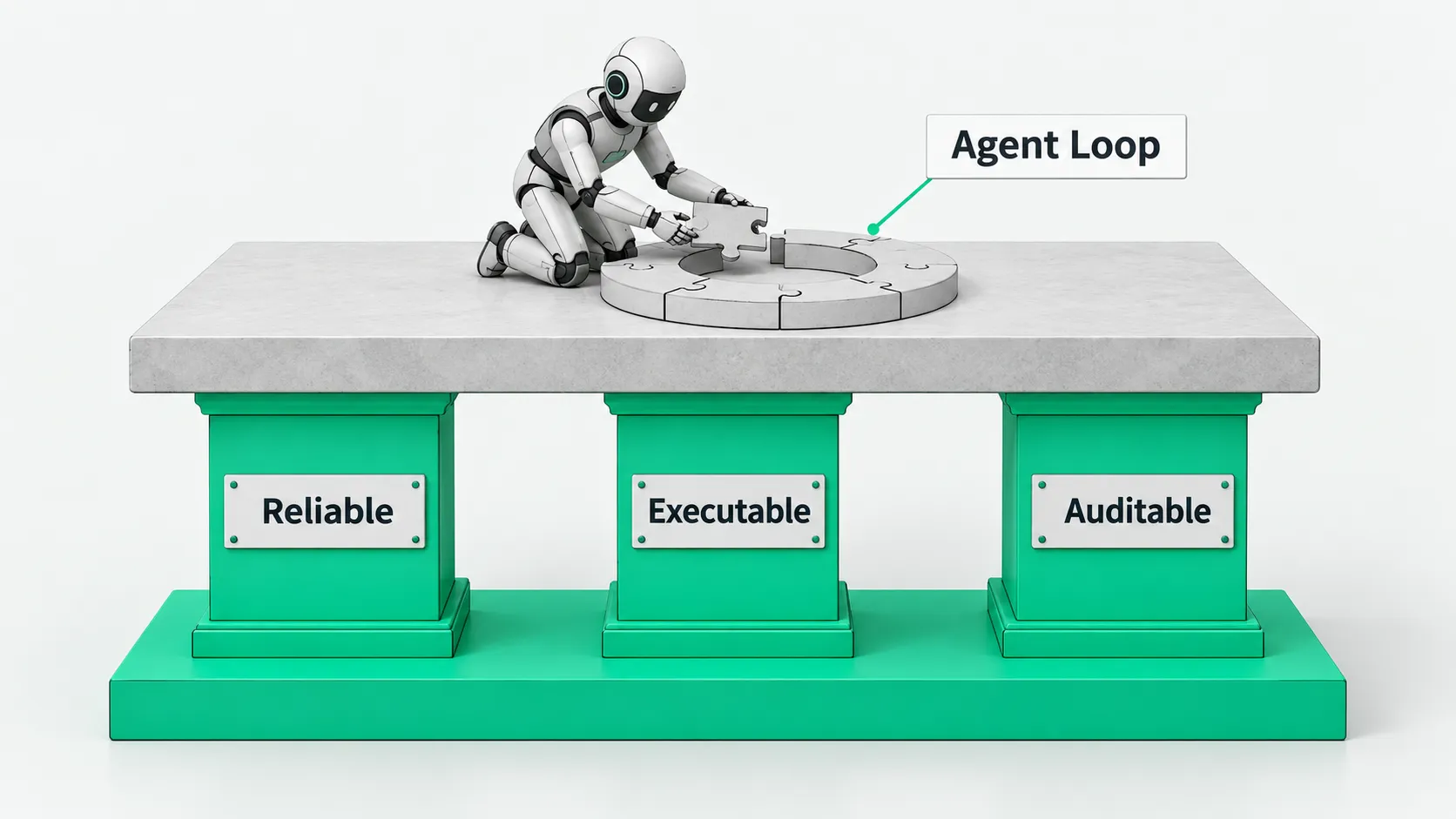 Three pillars labeled Reliable, Executable, and Auditable hold up a slab where a robot completes a ring of puzzle pieces labeled Agent Loop