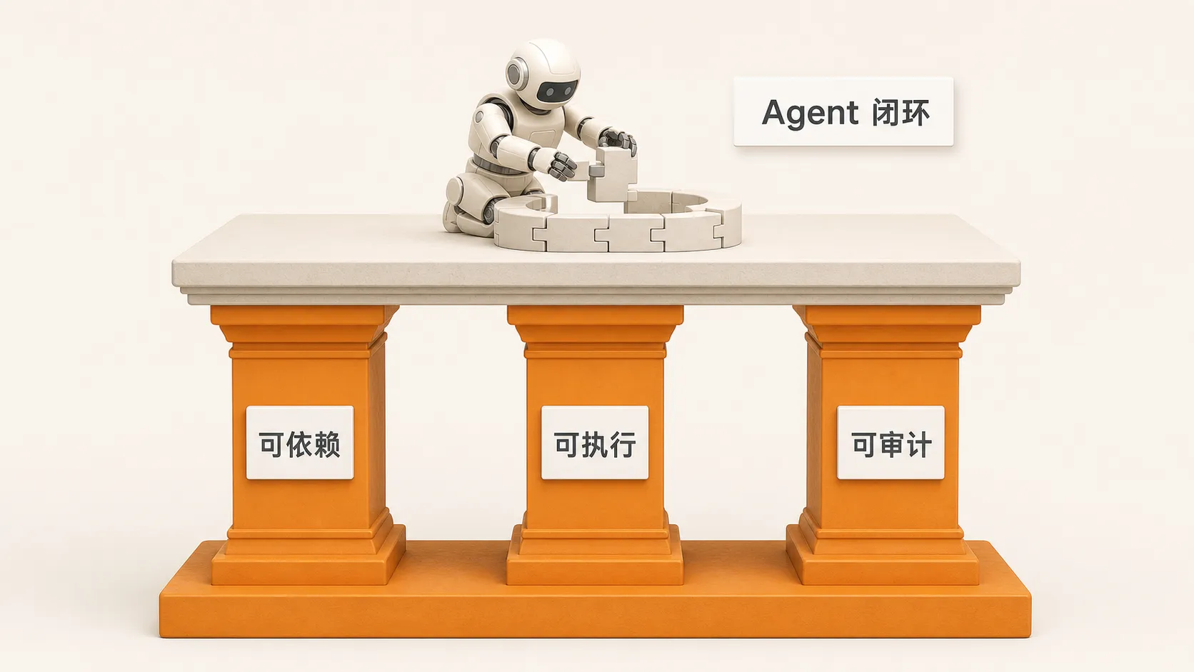 可依赖、可执行、可审计三根支柱托起 Agent 业务闭环的示意